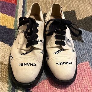 Chanel White & Black Canvas Oxfords